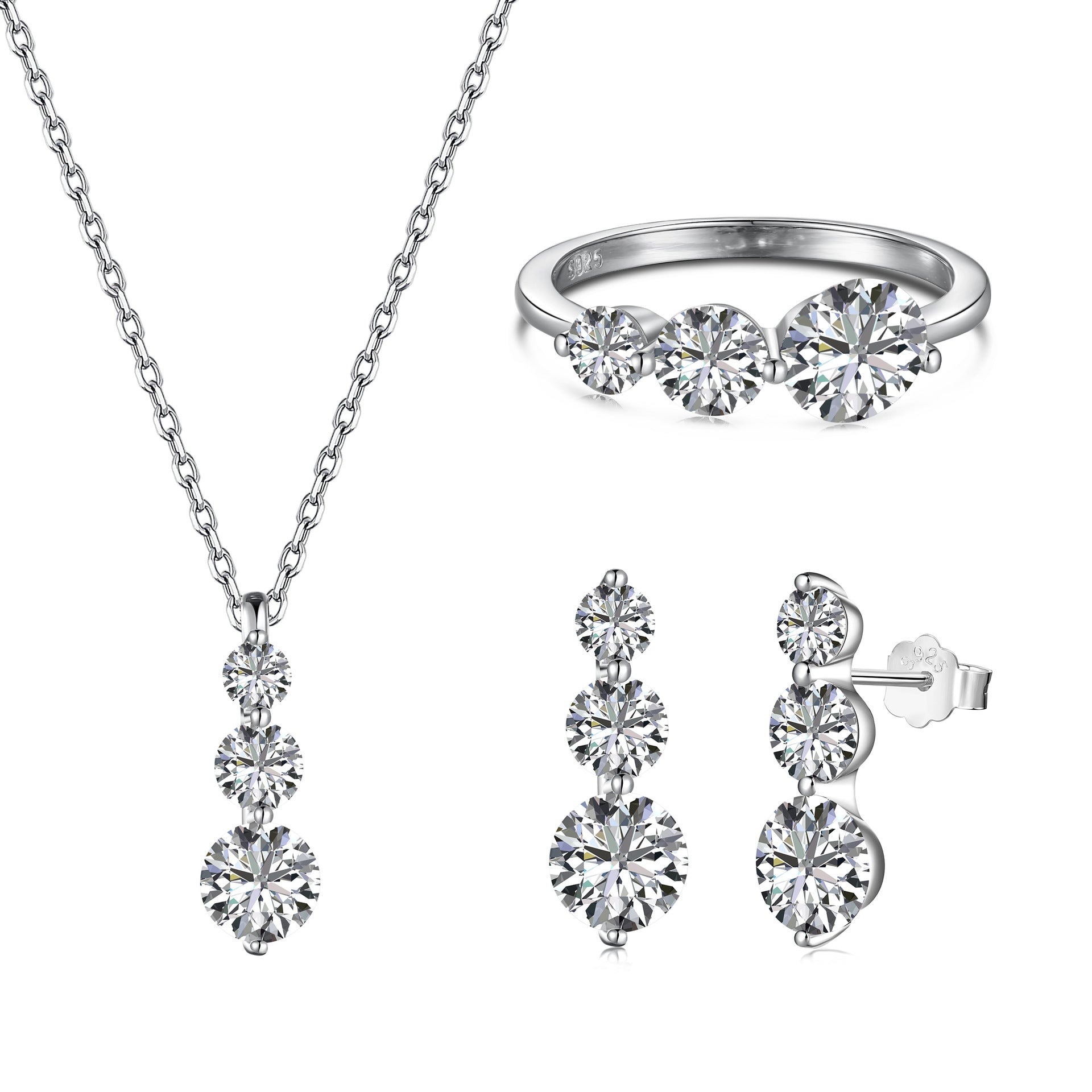 S925 Sterling Silver Round Zircon Ring Necklace And Earring Suit