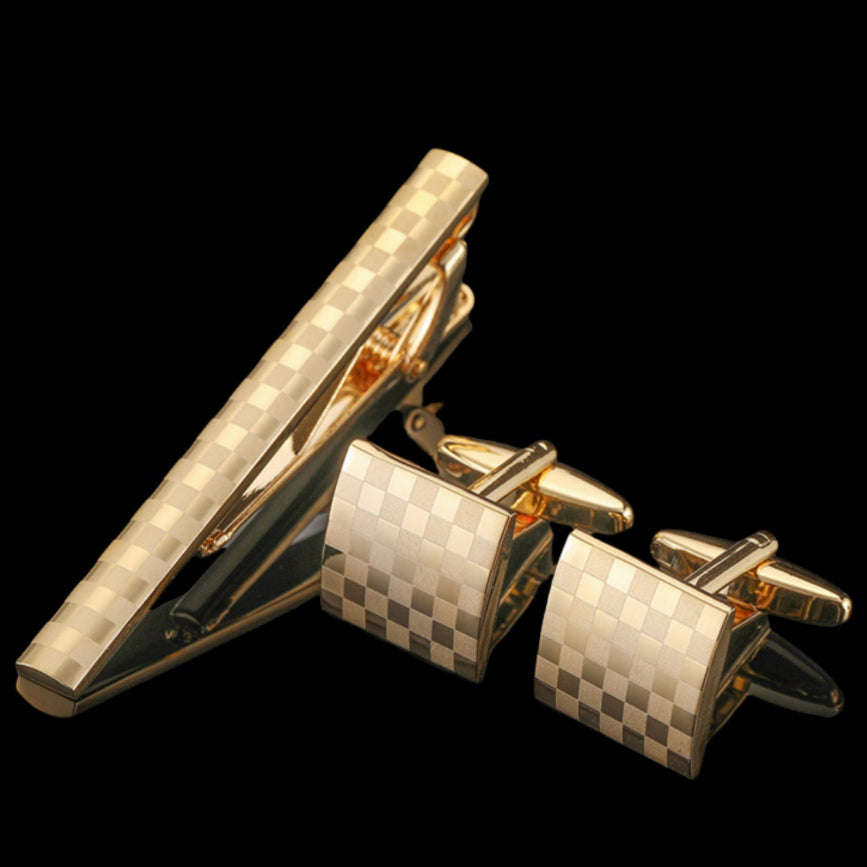 Laser Plaid Tie Clip Cuff Buckle Set