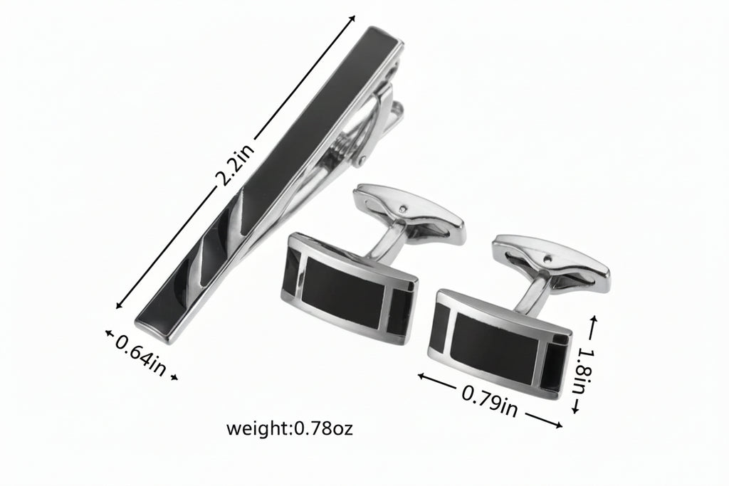 Black Enamel Silver Diagonal Stripes Tie Clip Cuff Buckle Set