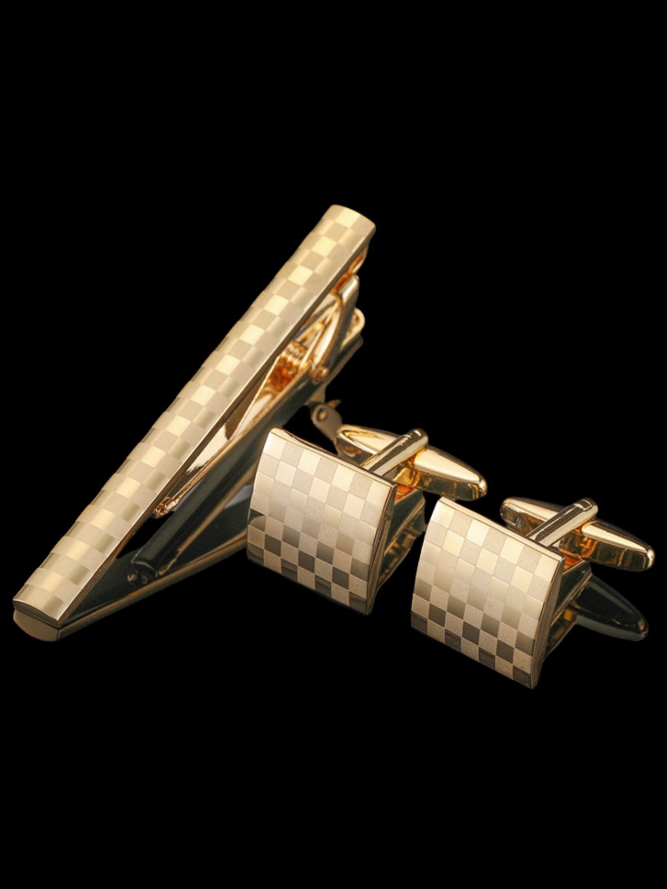 Laser Plaid Tie Clip Cuff Buckle Set