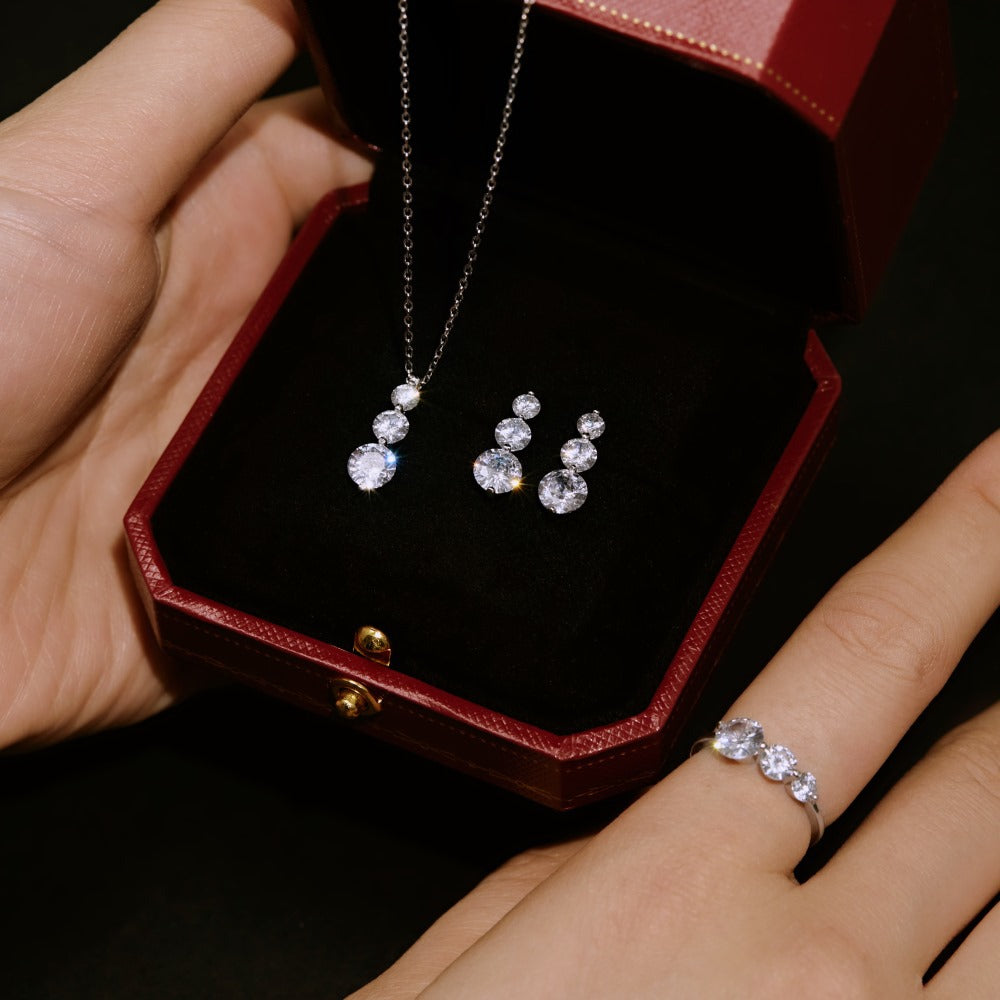 S925 Sterling Silver Round Zircon Ring Necklace And Earring Suit