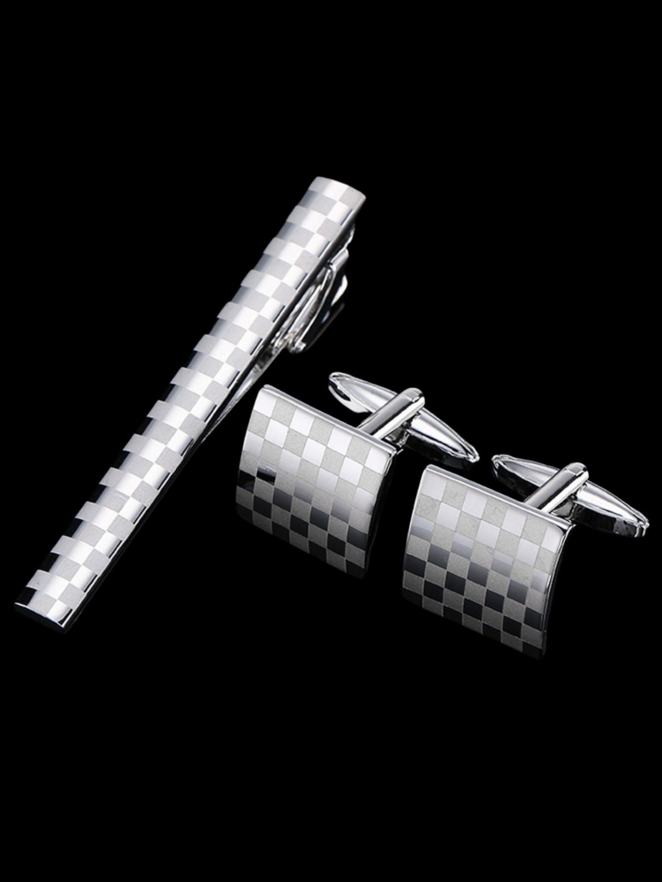 Laser Plaid Tie Clip Cuff Buckle Set