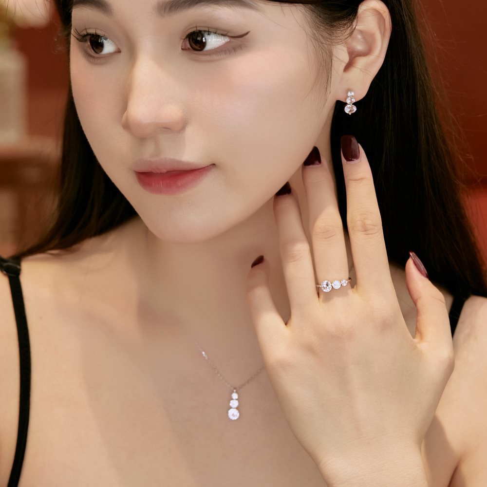 S925 Sterling Silver Round Zircon Ring Necklace And Earring Suit